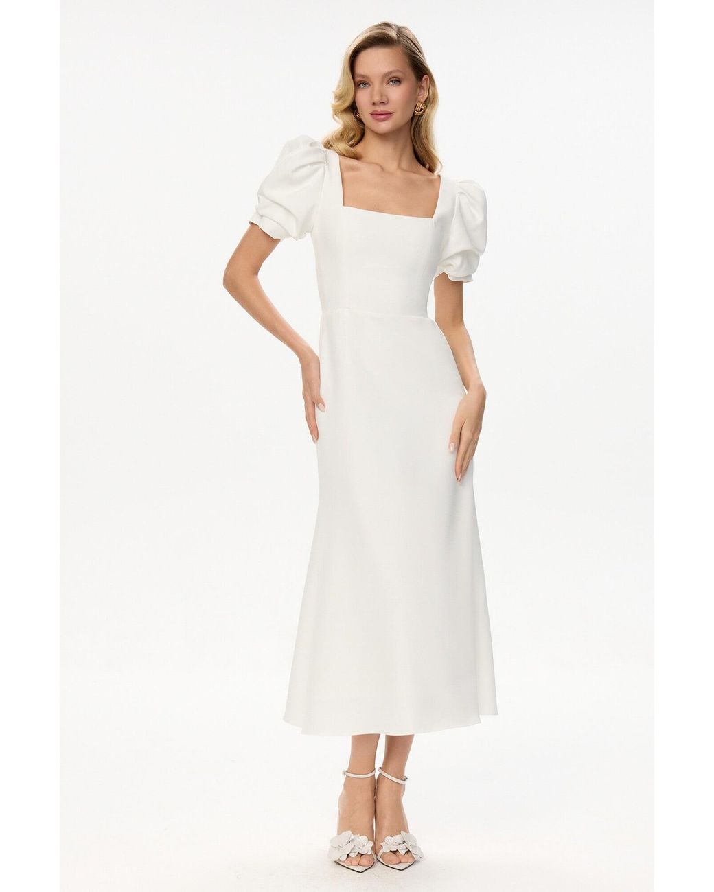 POST MERIDIEM White Godet Silhouette Square Neck Midi Dress
