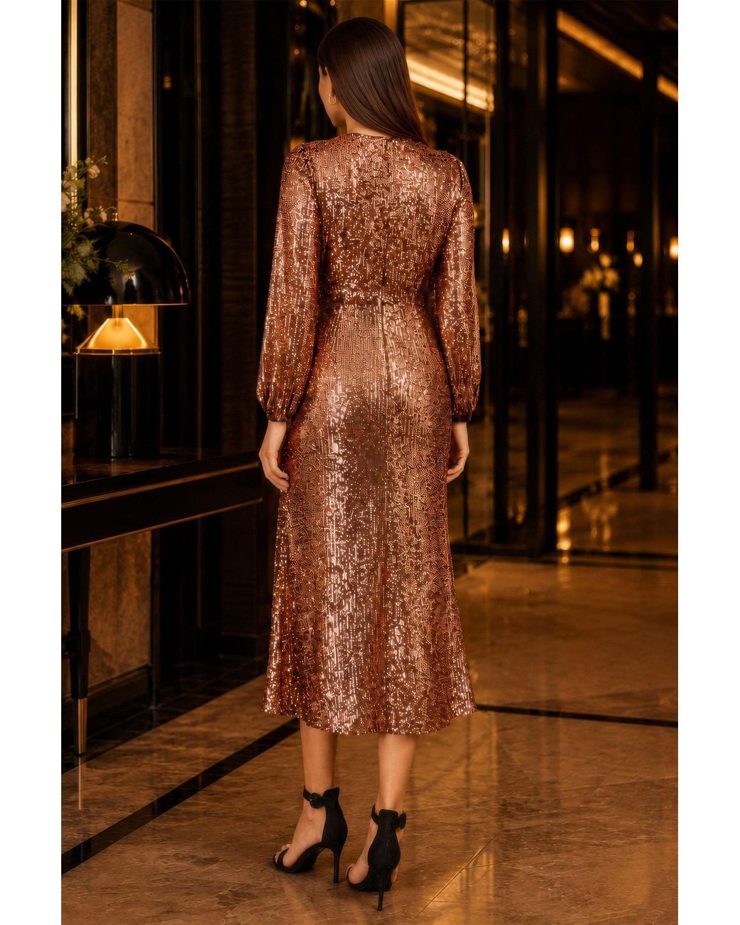 Yumi' Brown Copper Sequin Long Sleeve Midi Dress