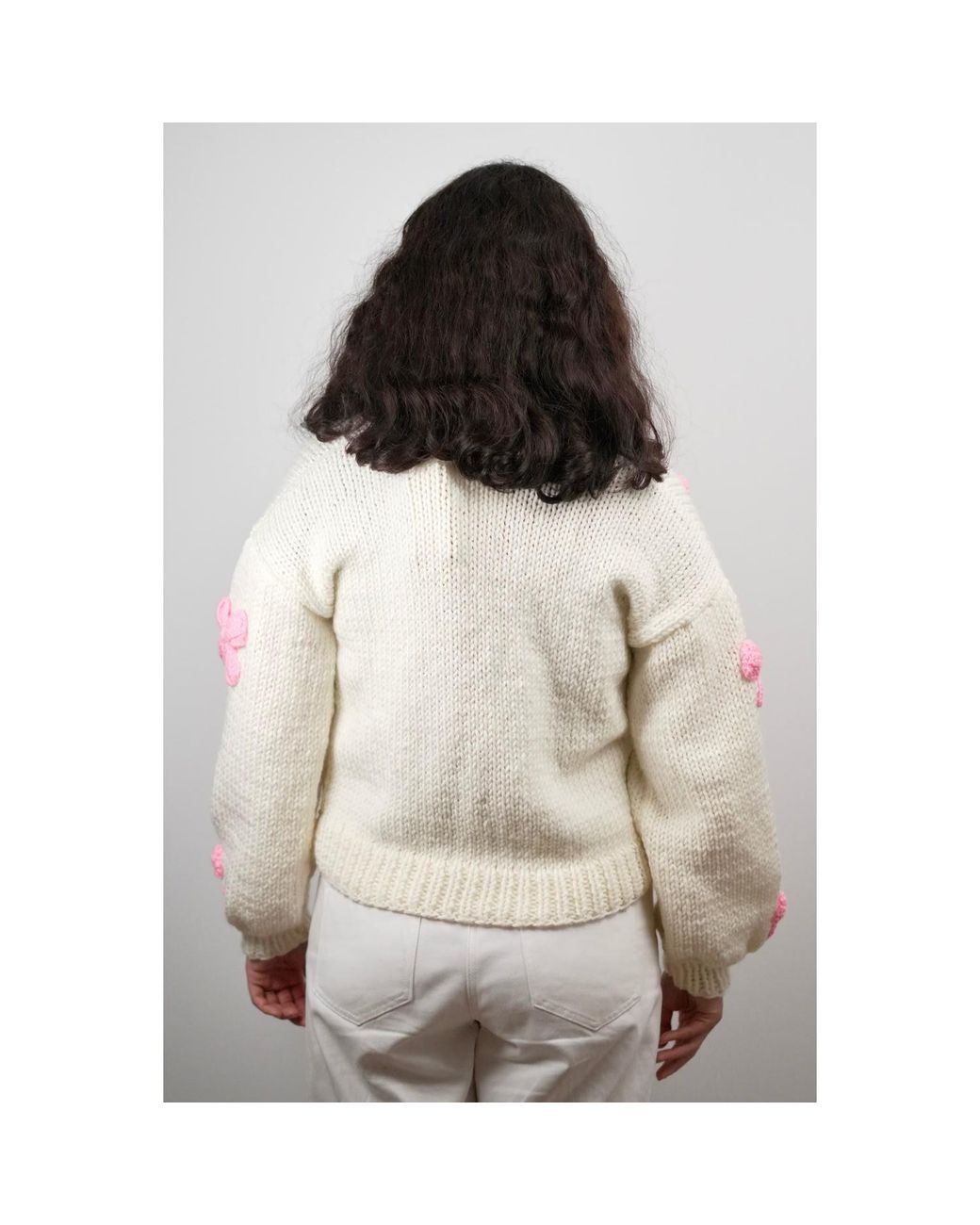 Ana Chic Pink Neutrals Bow Handmade Knitted Cropped Cardigan