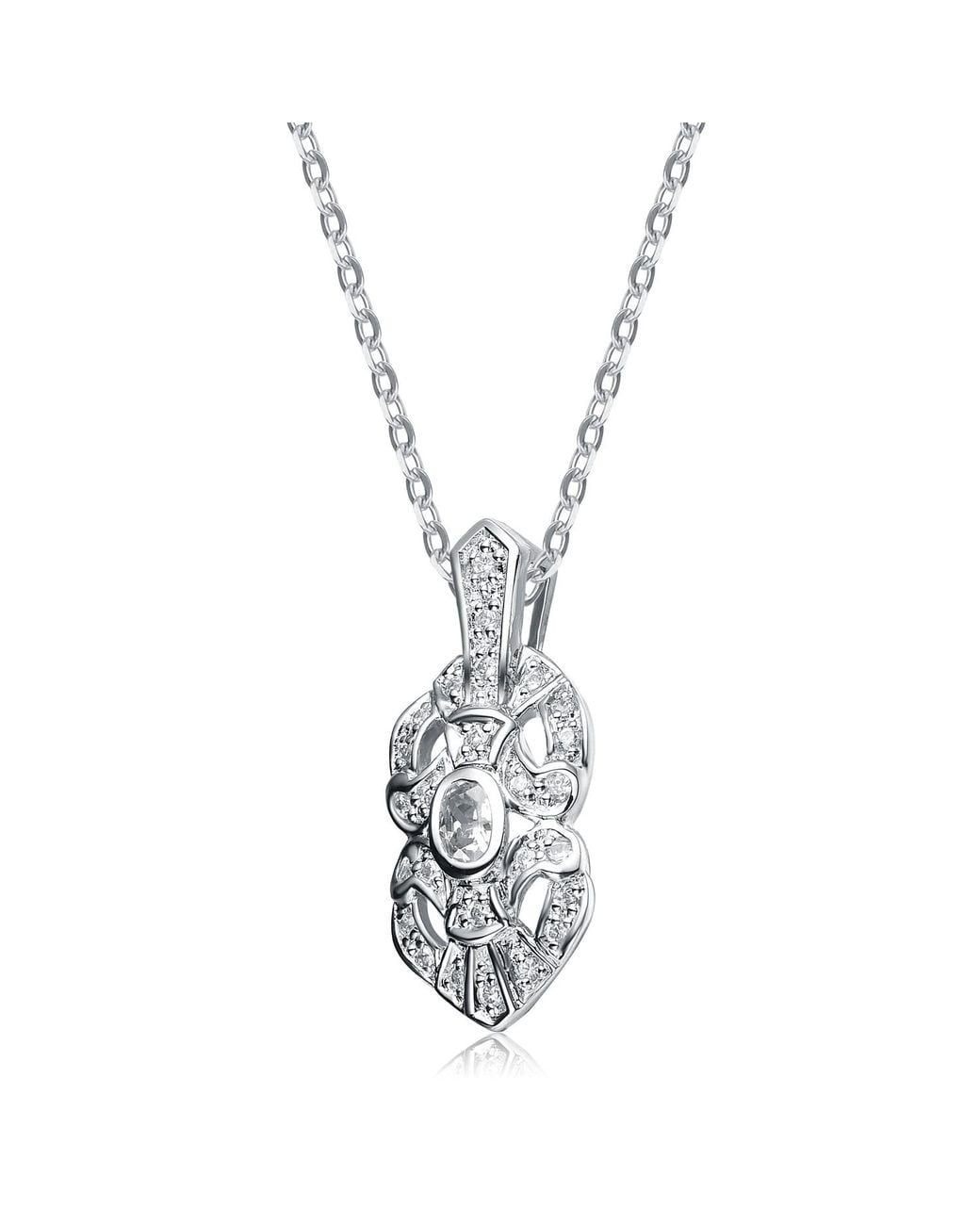 Genevive Jewelry Metallic Sterling Rhodium Plated Cubic Zirconia Pendant Necklace