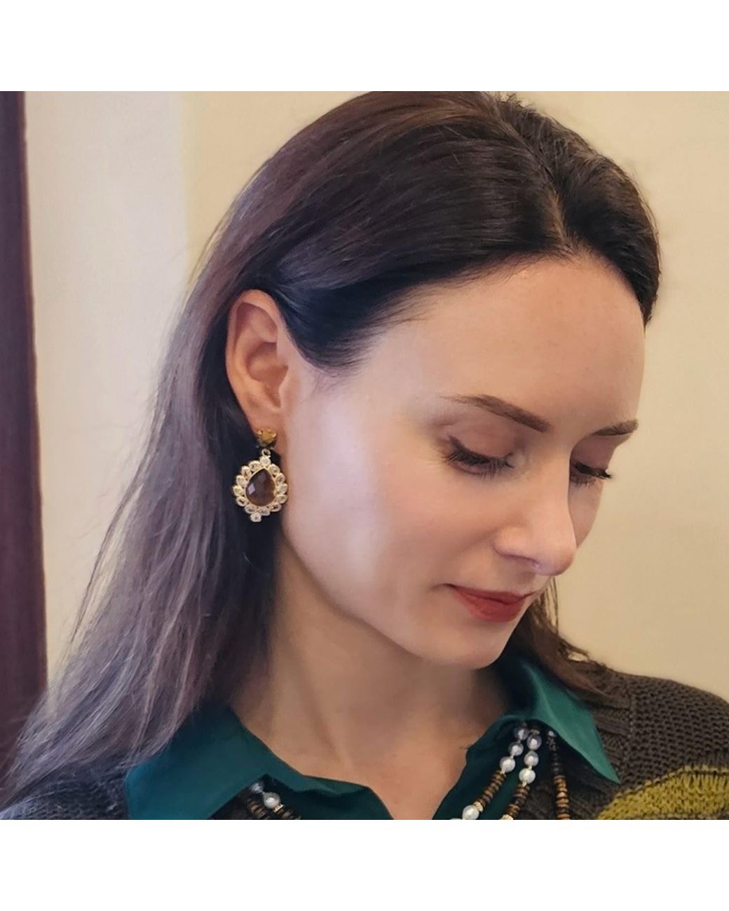 Farra Metallic Tiger Eye Stone With Zircon Statement Earrings