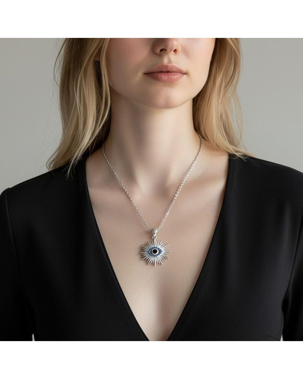Maison De Gala Metallic Sunburst Evil Eye Pendant Necklace