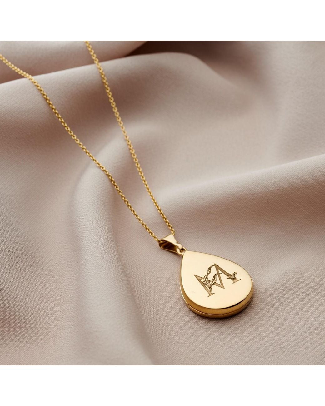 Posh Totty Designs Metallic Yellow Gold Plated Floral Engraved Initial Droplet Locket Necklace