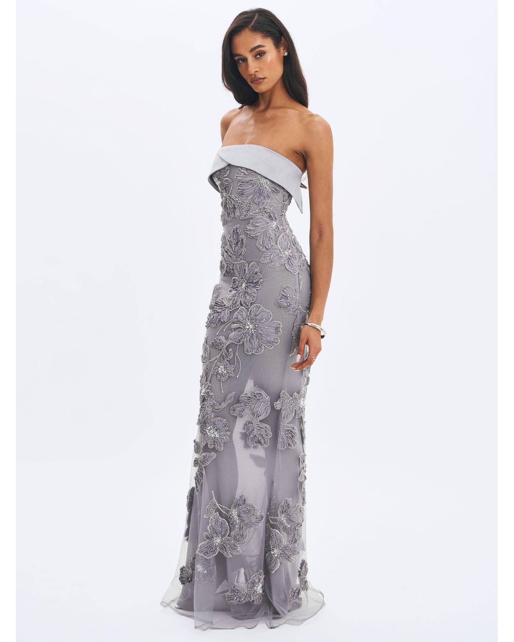 Miss Circle New York Gray Raphaela Beaded Floral Strapless Mermaid Maxi Dress