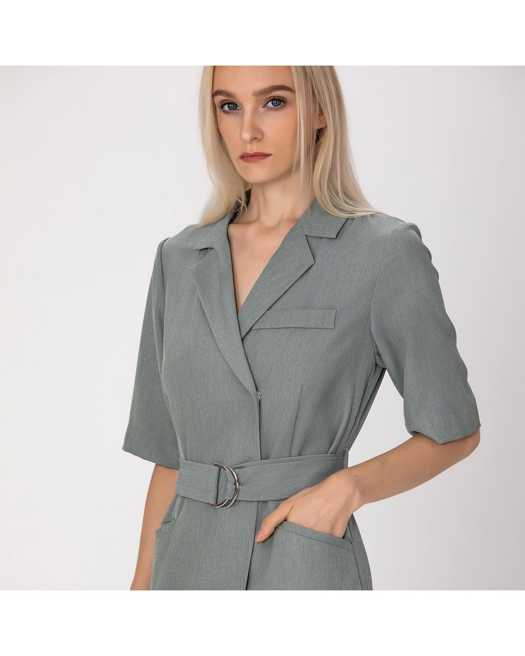 Smart and Joy Gray Neutrals Wrap Tailor Dress With Belt
