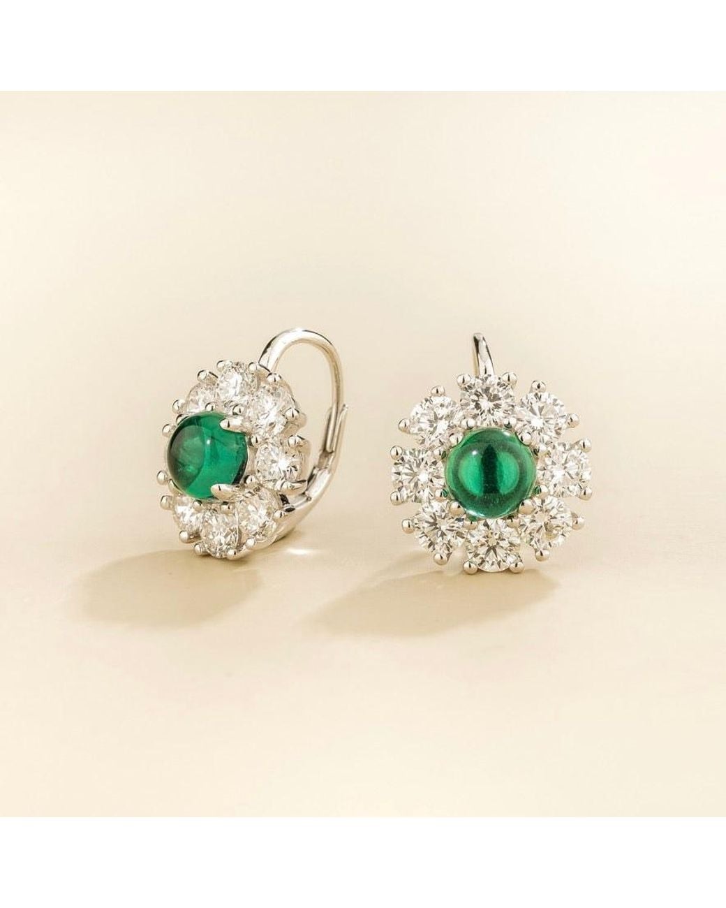 Juvetti Green Lisa Round Cabochon Emerald Halo Leverback Earrings