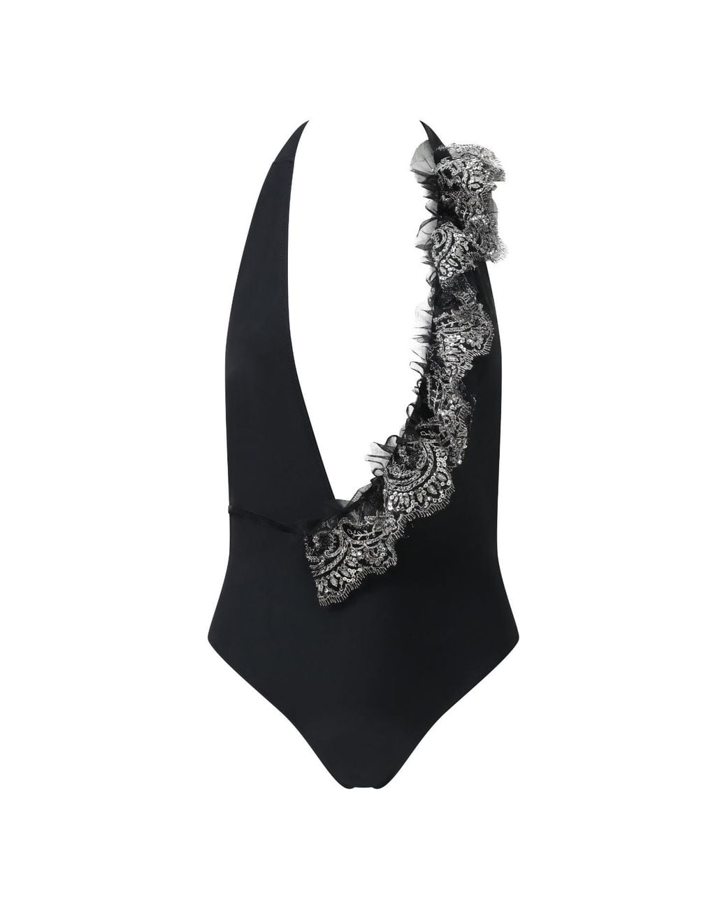 Belle -et-BonBon Black New Aprés Sun Collection Halterneck Swimsuit With Detachable Polka Dot Ruffle And Sequin Lace Ruffle