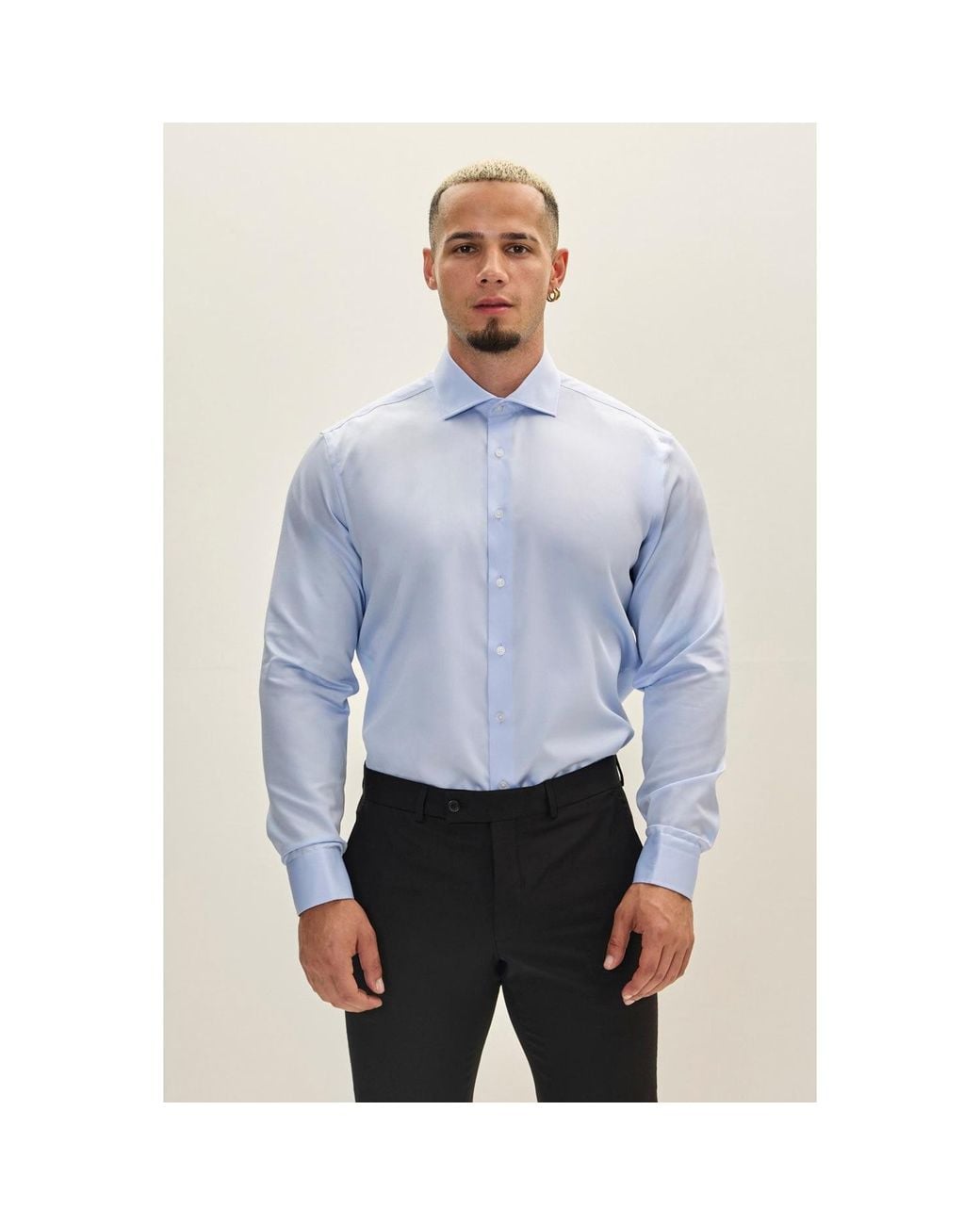 Ron Tomson Blue Non-Iron Pure Cotton Spread Collar Dress Shirt for men