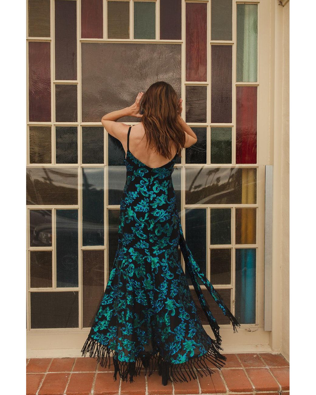 Jennafer Grace Blue Absinthia Fringe Faux Wrap Dress
