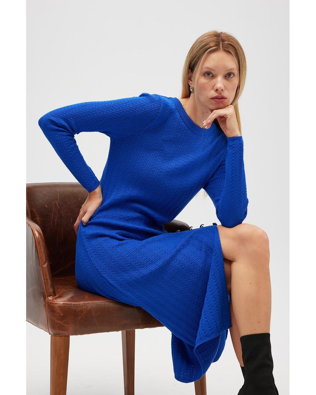 Peraluna Blue Zaira Minimal Cable Knit Slit Midi Dress
