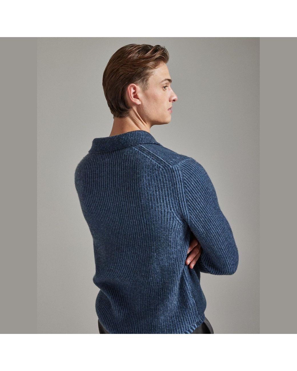 Salts Cashmere Blue Polo Sweater With Fishermens Rib Detailing