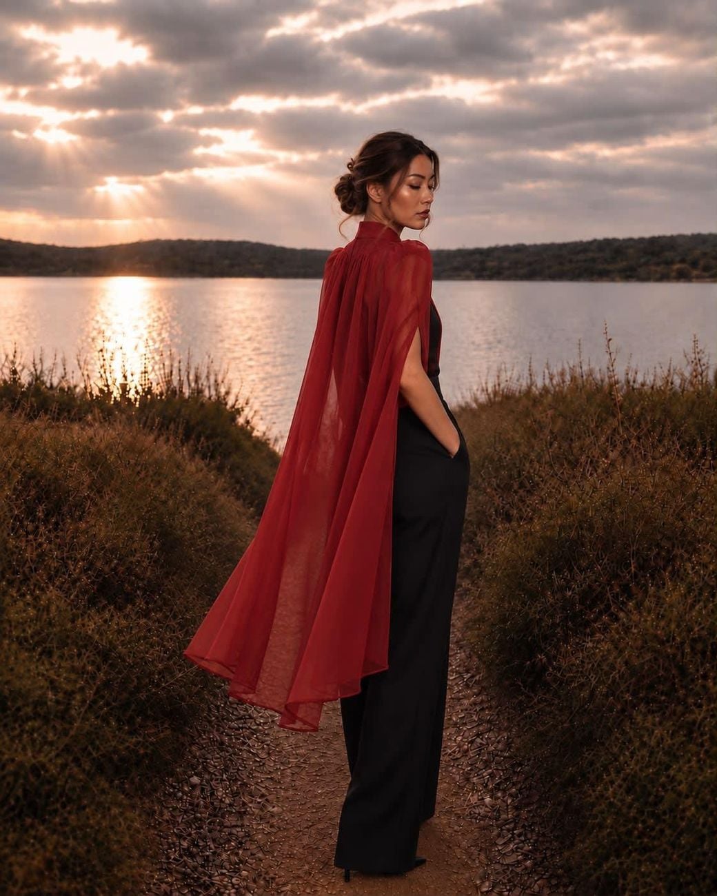 Nina Nieves Red Rouge Silk Chiffon Cape