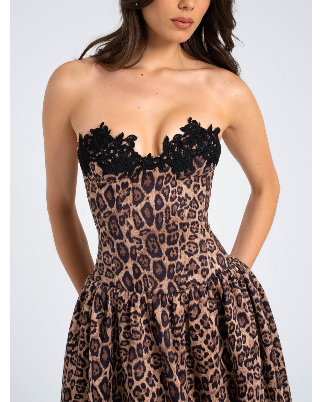 Miss Circle New York Brown Uchenna Cheetah Print Stretchy Strapless Midi Dress With Lace Trim