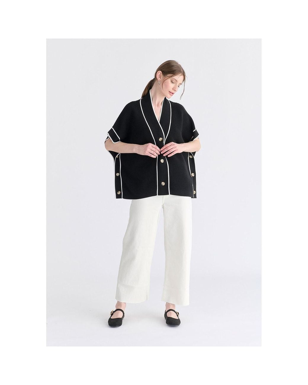 Paisie Black Button Details Kimono Ribbed Cardigan