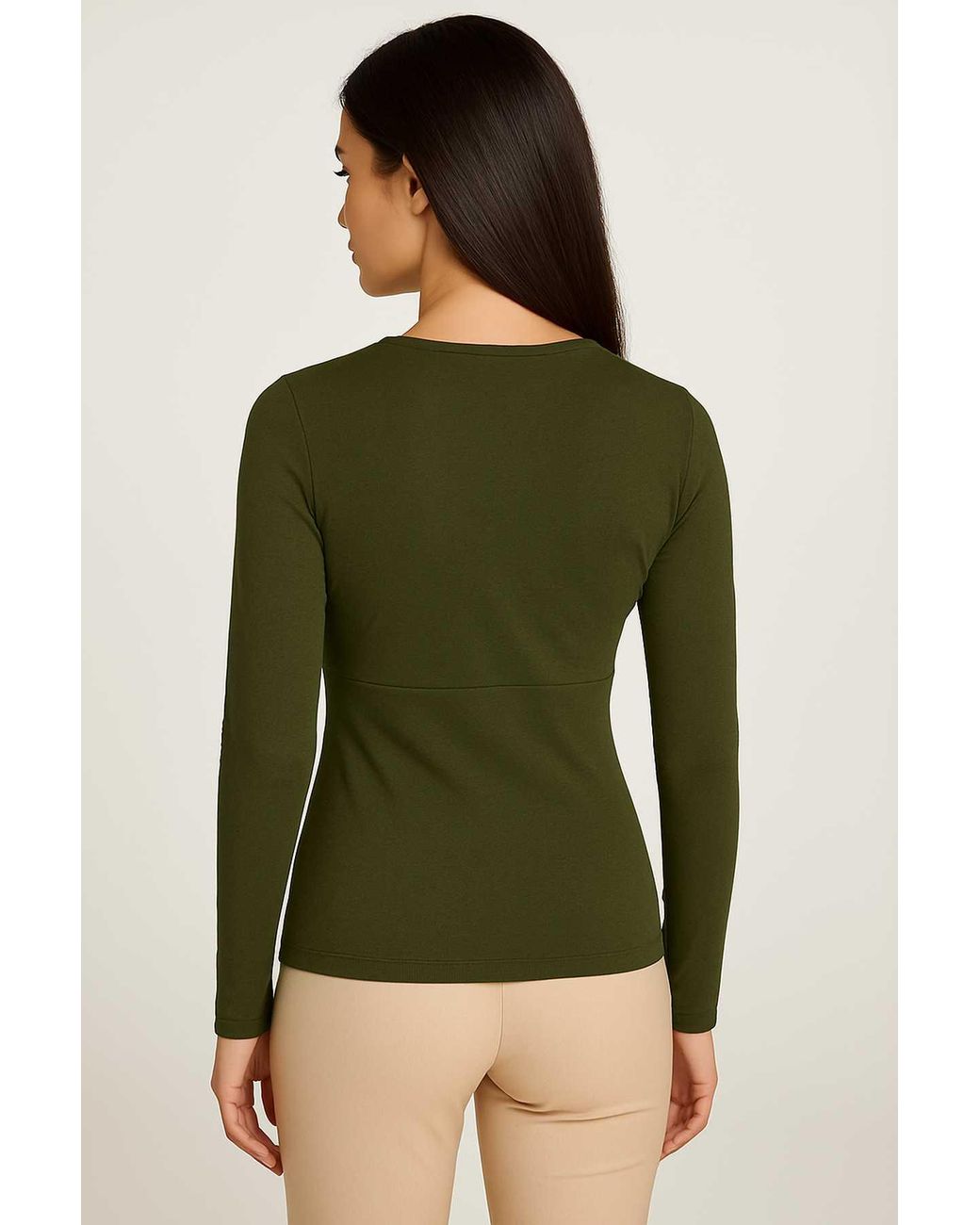 Conquista Green Dark Khaki Long Sleeve Faux Wrap Top