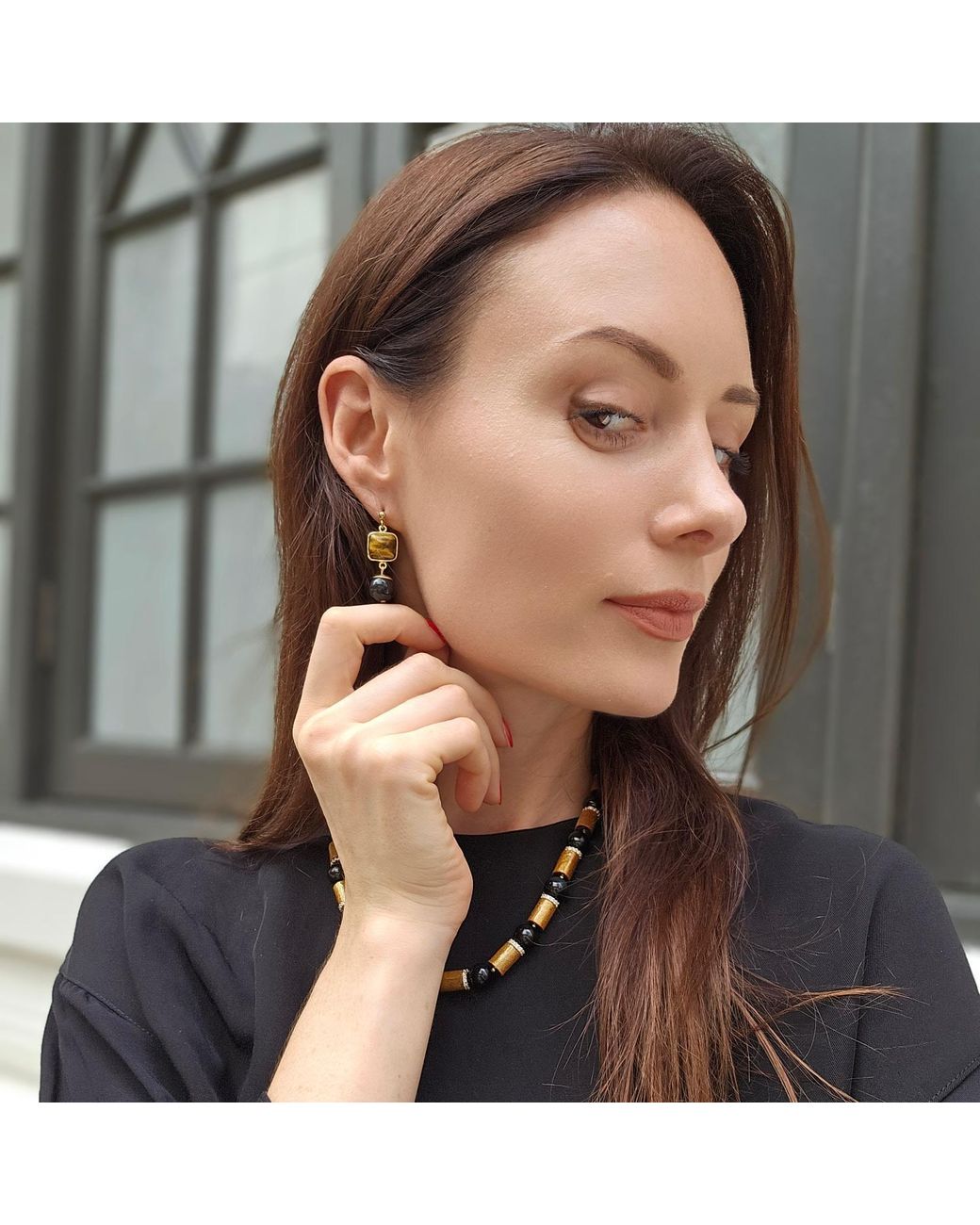 Farra Metallic Tiger-Eye Stone With Obsidian Minimalist Earrings