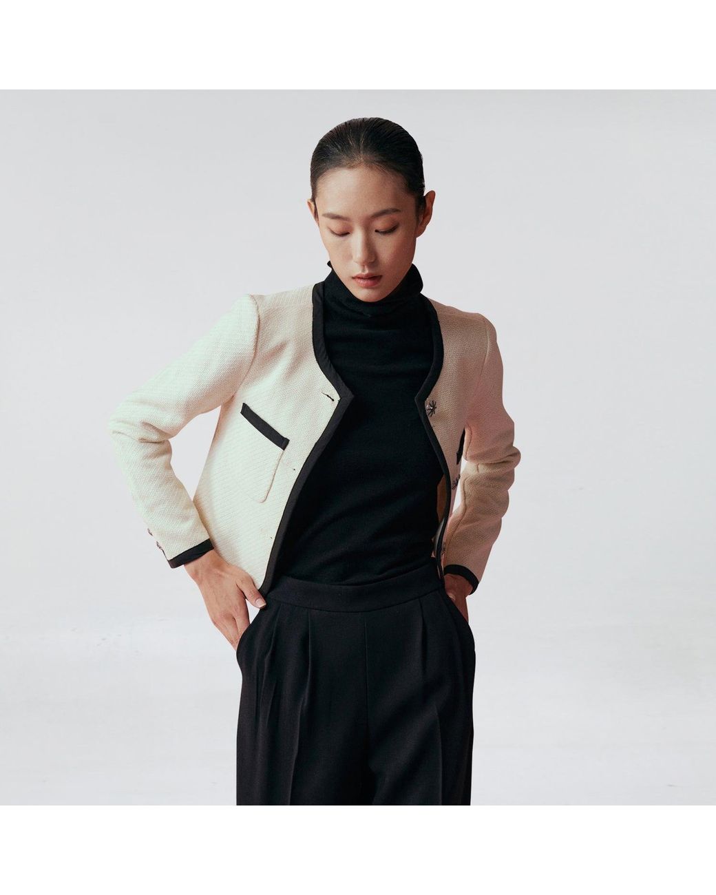 Smart and Joy White Neutrals Short Jacket With Contrasting Trims