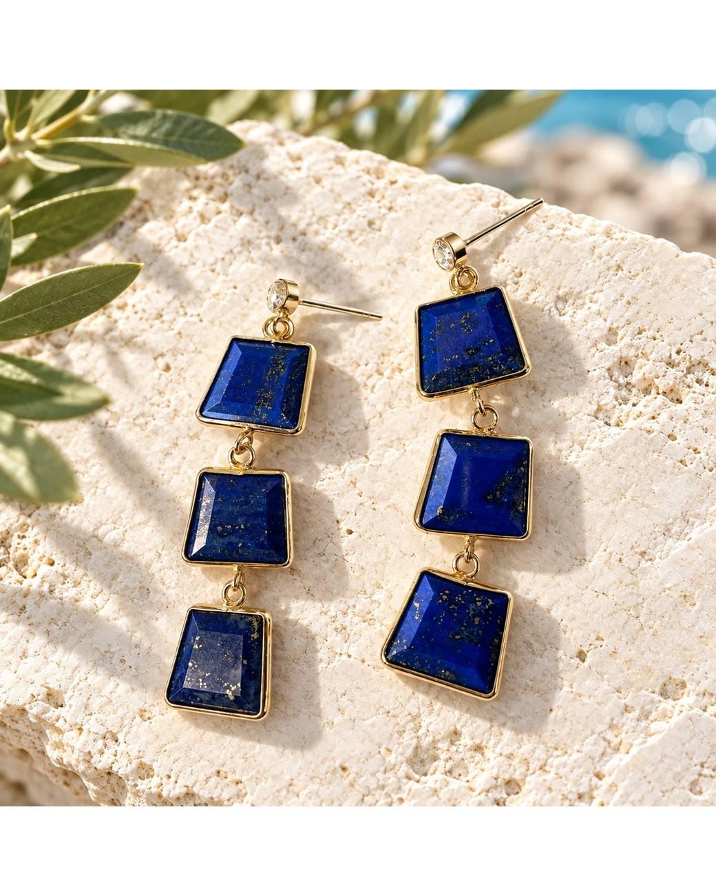 Rare Matters Jewelry Blue Natural Lapis Lazuli Triple Drop Earrings