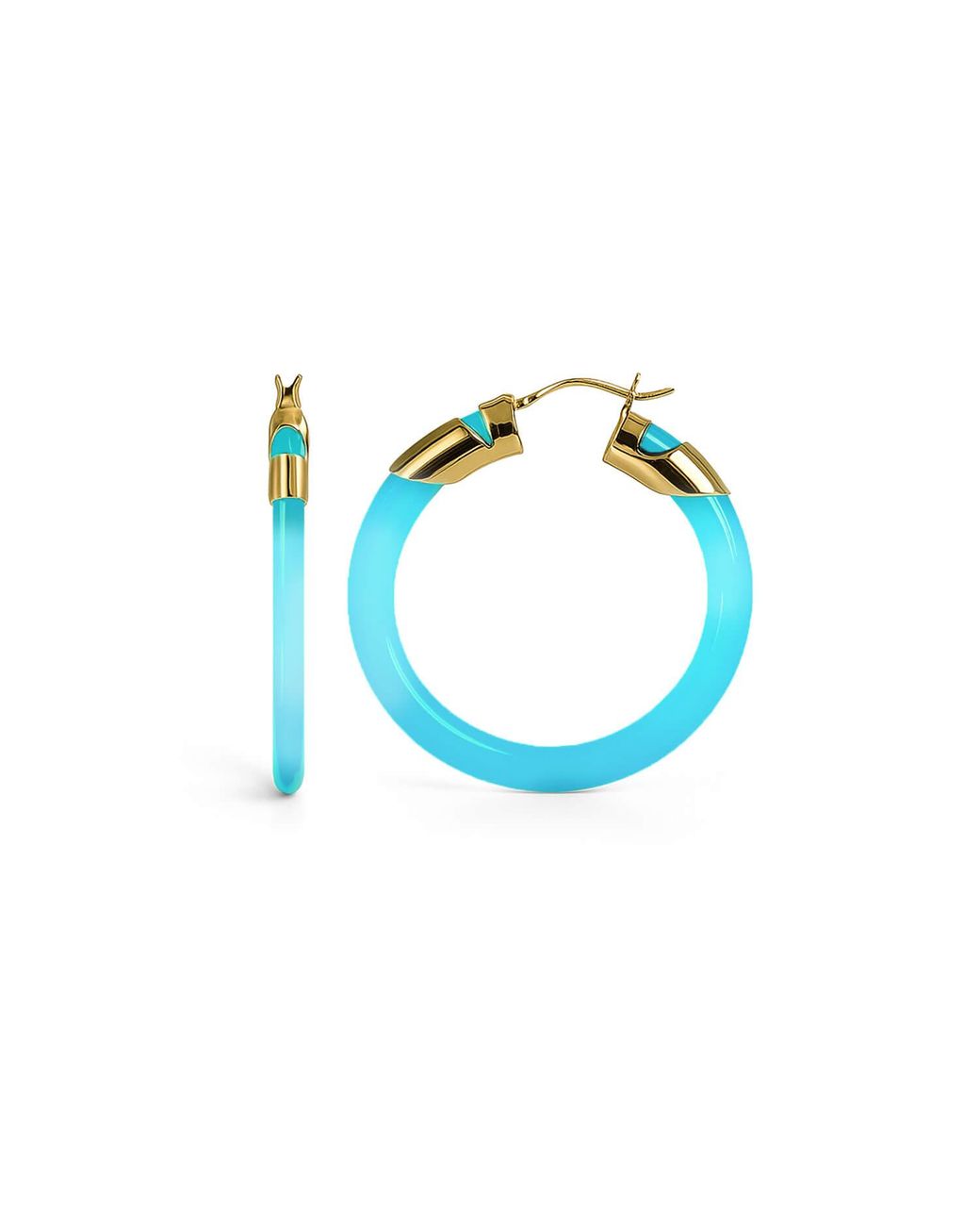 Gold & Honey Blue Aquamarine Classic Flat Lucite Birthstone Hoop Earrings
