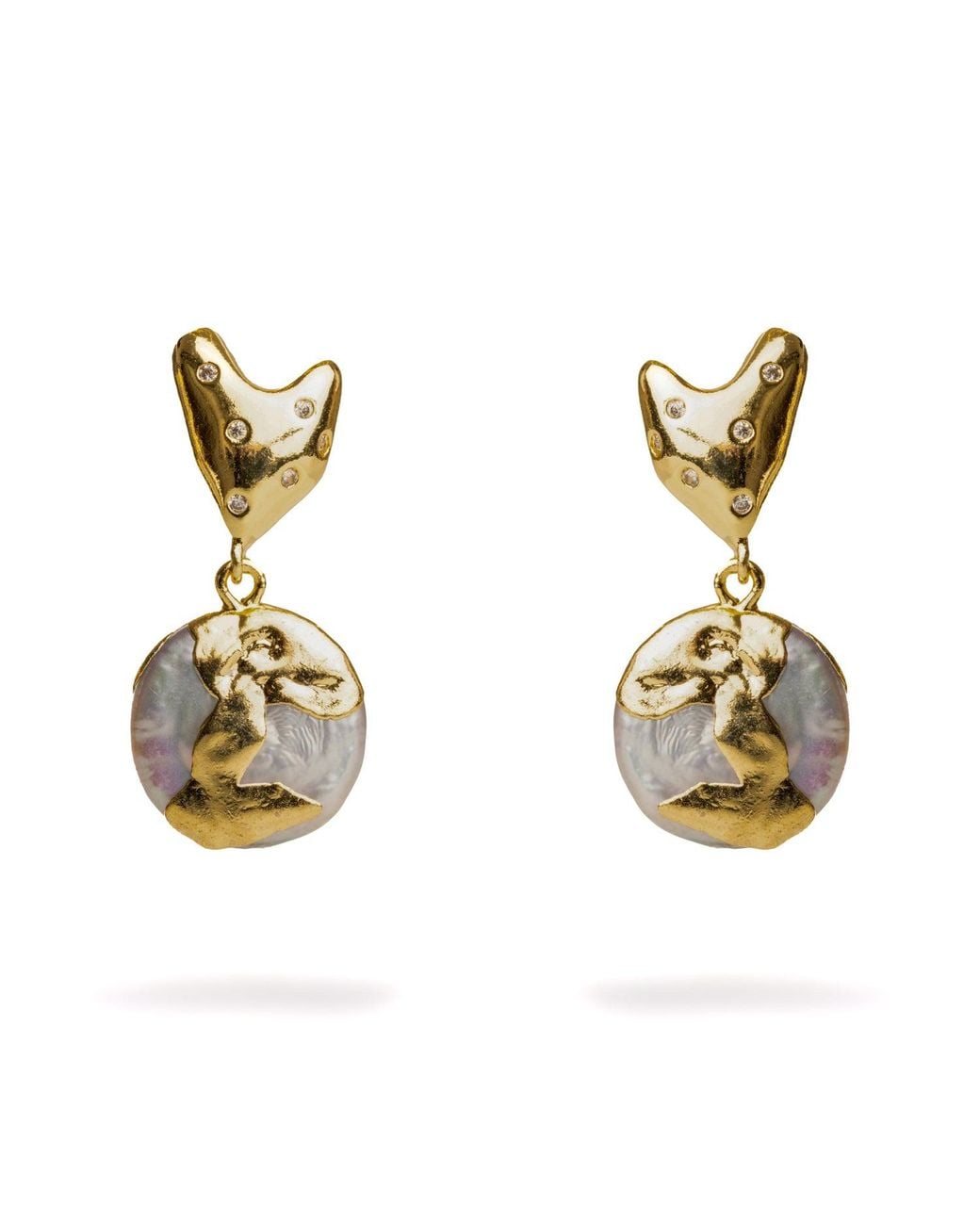 Ebru Jewelry Metallic Love Melted & Diamond Heart Stud Pearl Drop Earrings