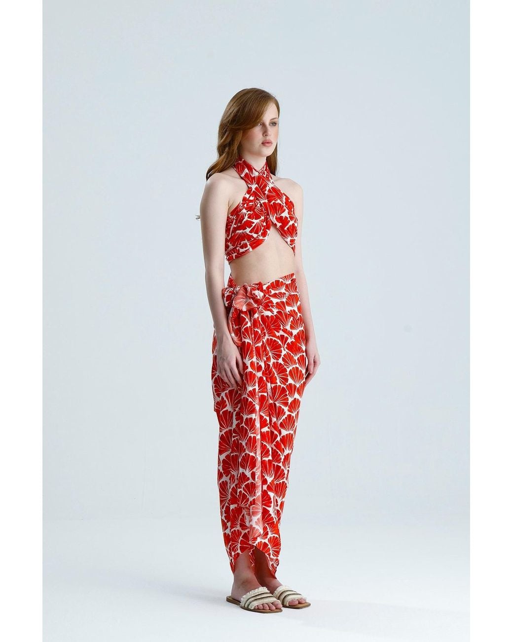 Lilamie Red Bali Side Tie Summer Pareo Skirt