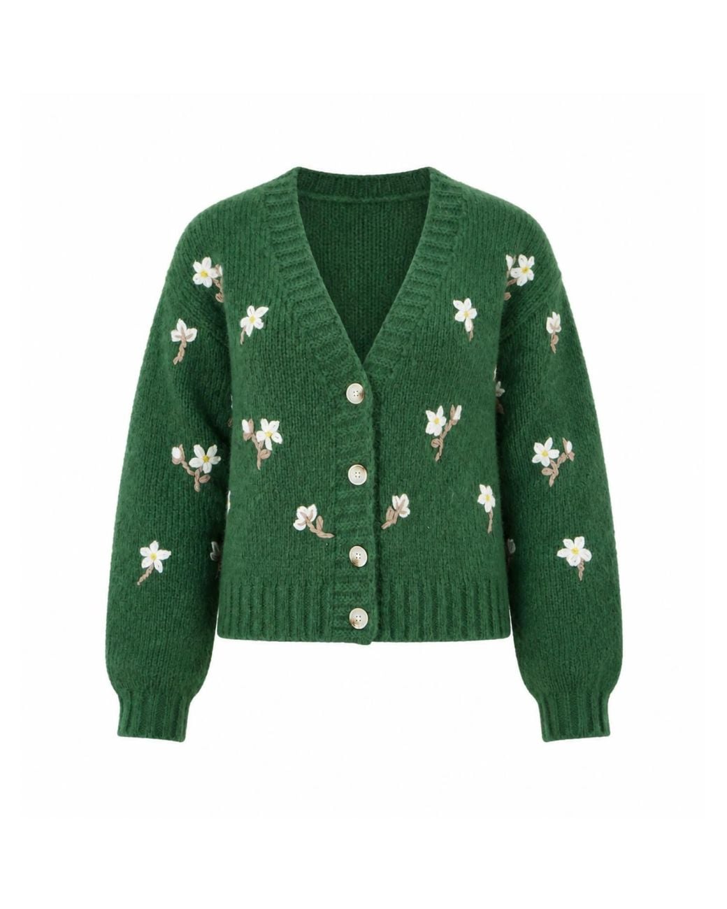 Yumi' Green Hand Embroidered Chunky Knitted Cardigan