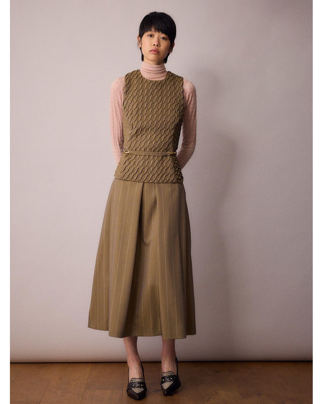 Amanda Thompson Couture Brown Marlo Box Pleat Skirt Sand Pinstripe