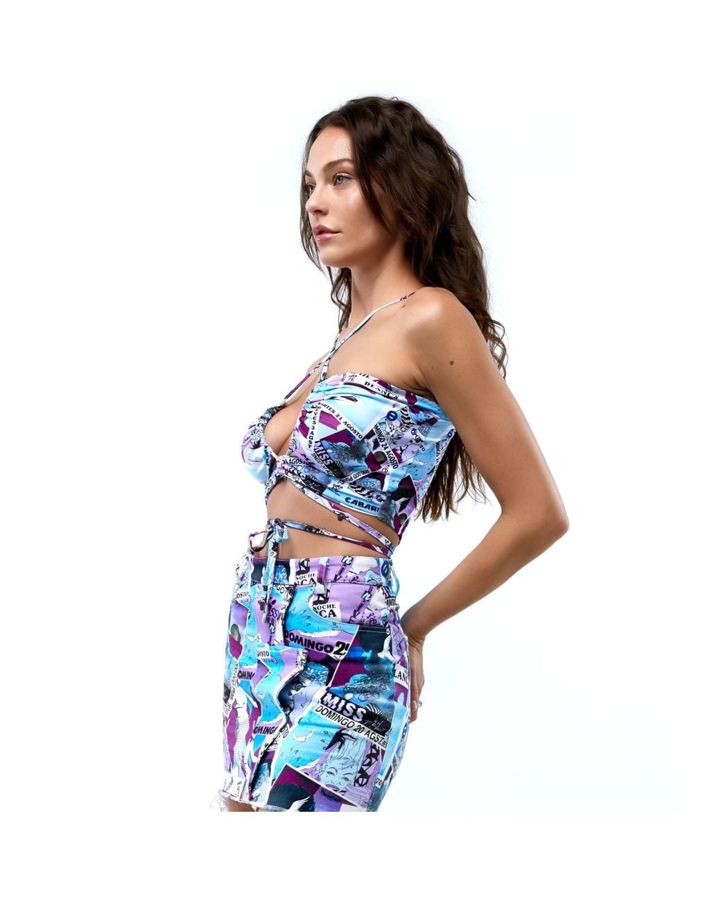 Brenda Agradi Blue Ibiza Style Printed Party Cross Top