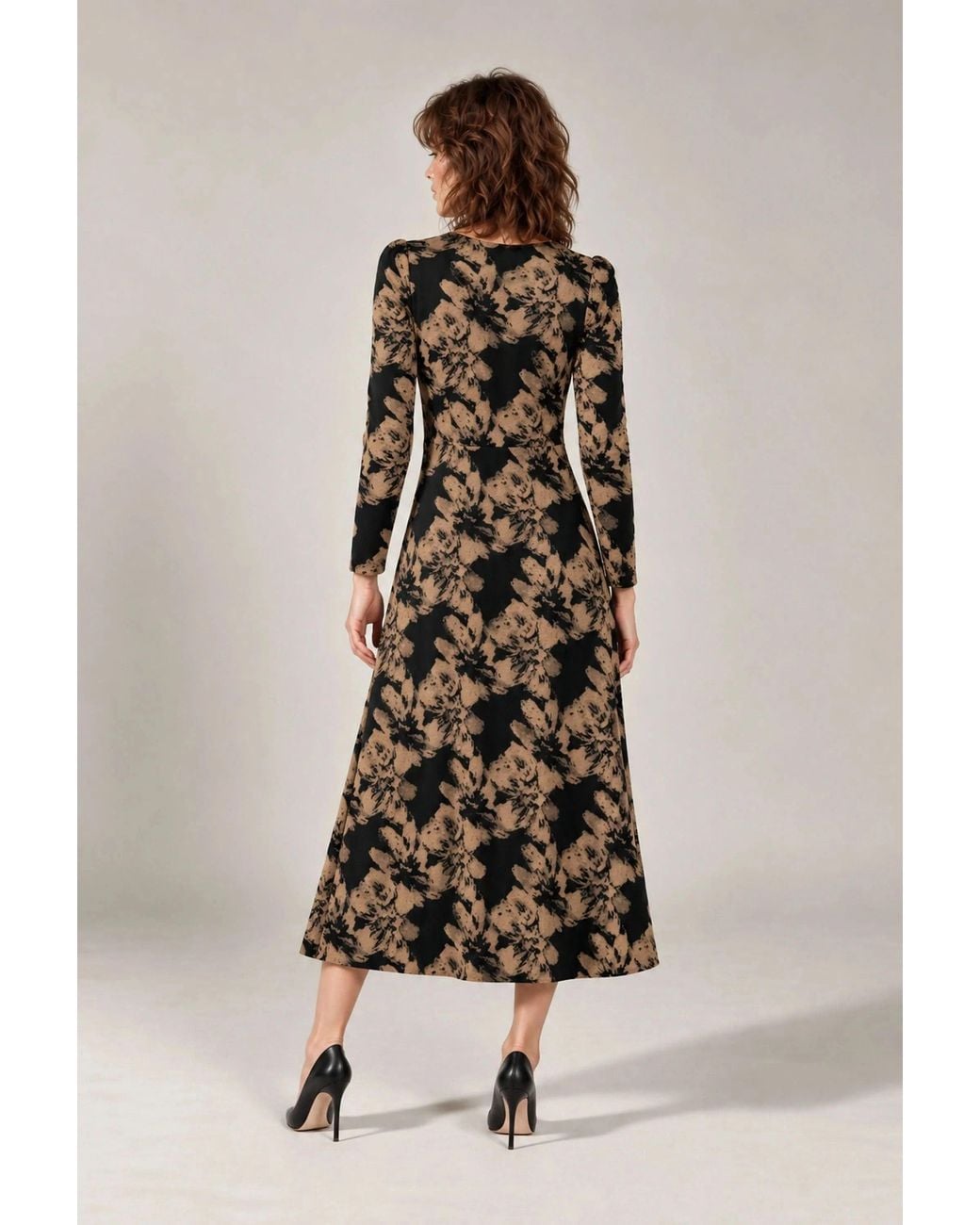 James Lakeland Black Camel Floral Long-Sleeve Midi Dress