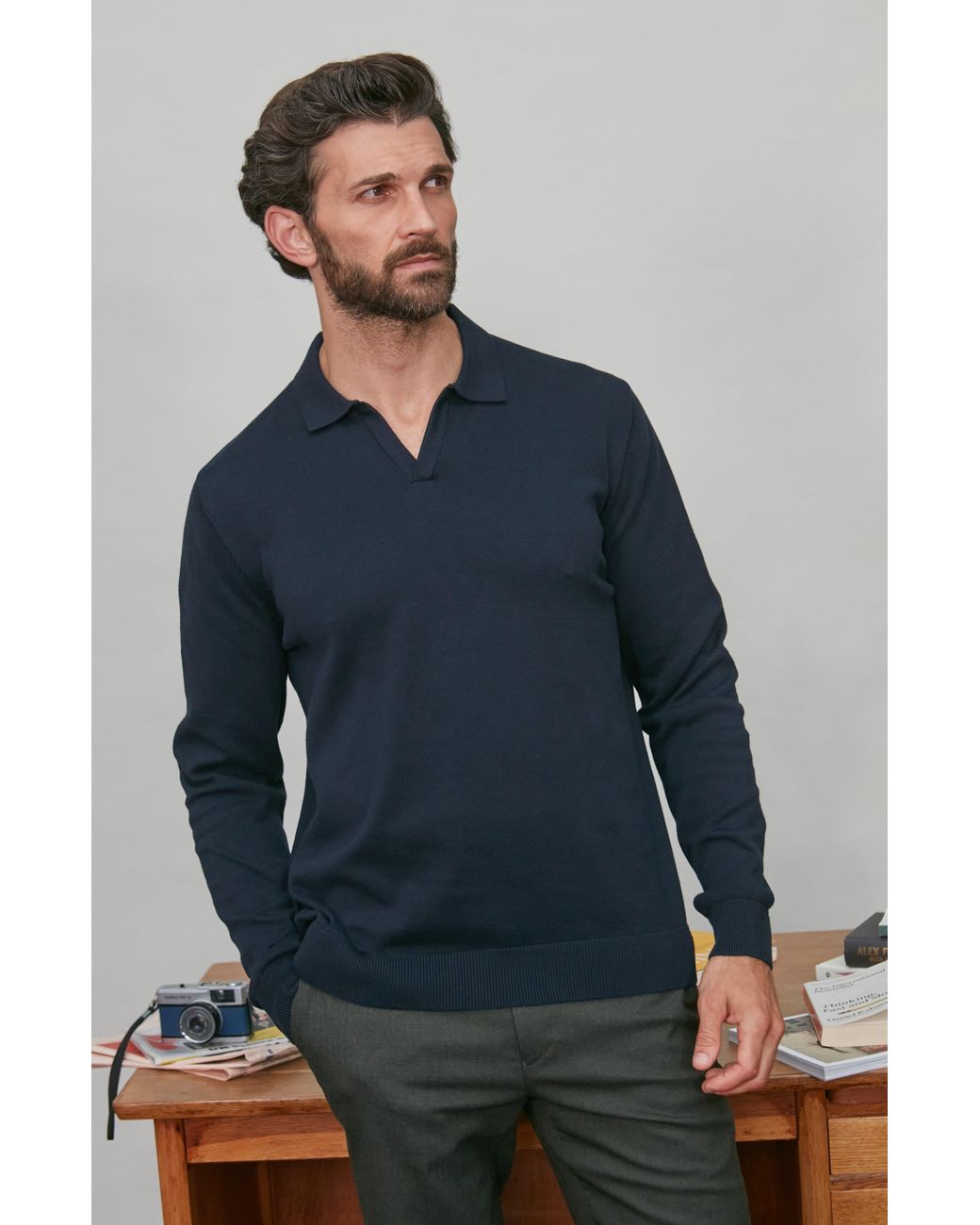 Paul James Knitwear Blue Lightweight Cotton Lyndon Buttonless Polo Shirt for men