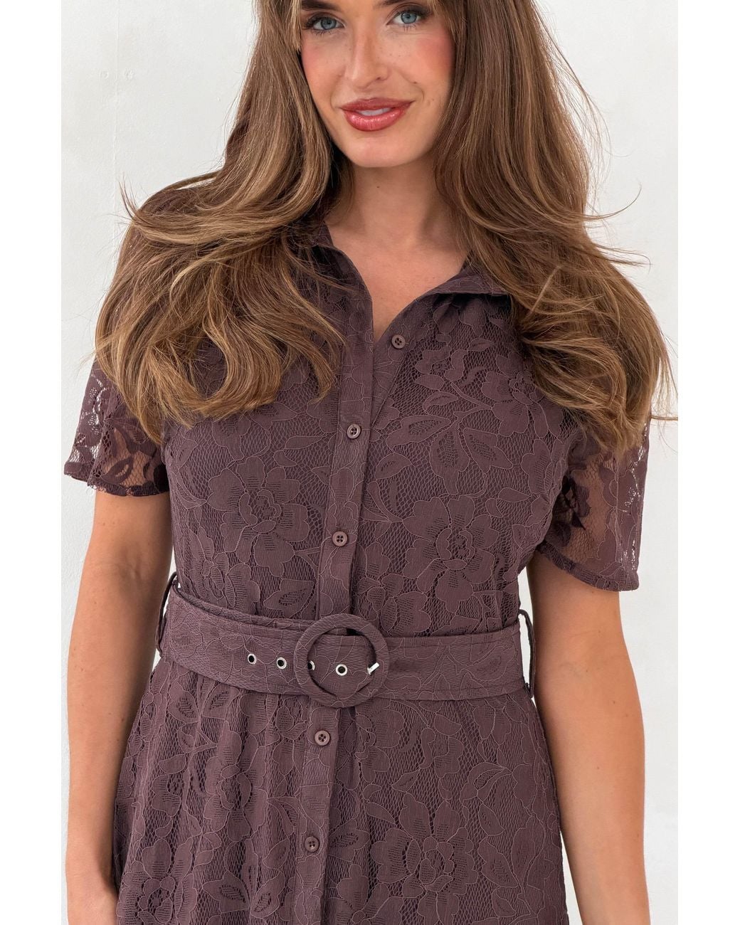 Girl In Mind Brown Tansy Short Sleeve Lace Shirt Dress