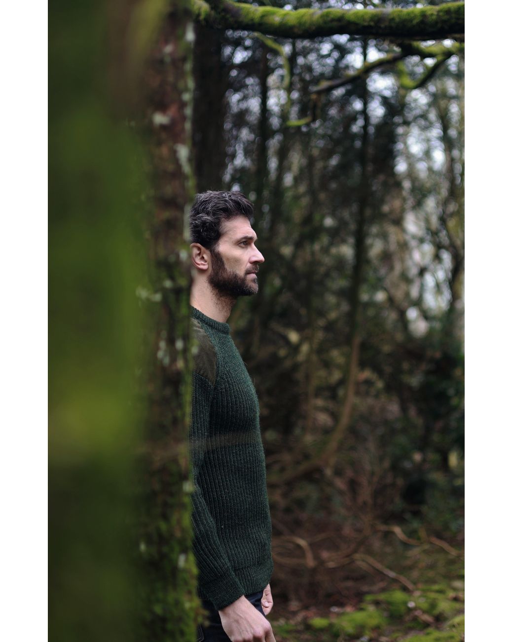 Paul James Knitwear Green Chunky British Wool Hardy Ribbed Shooting Jumper for men