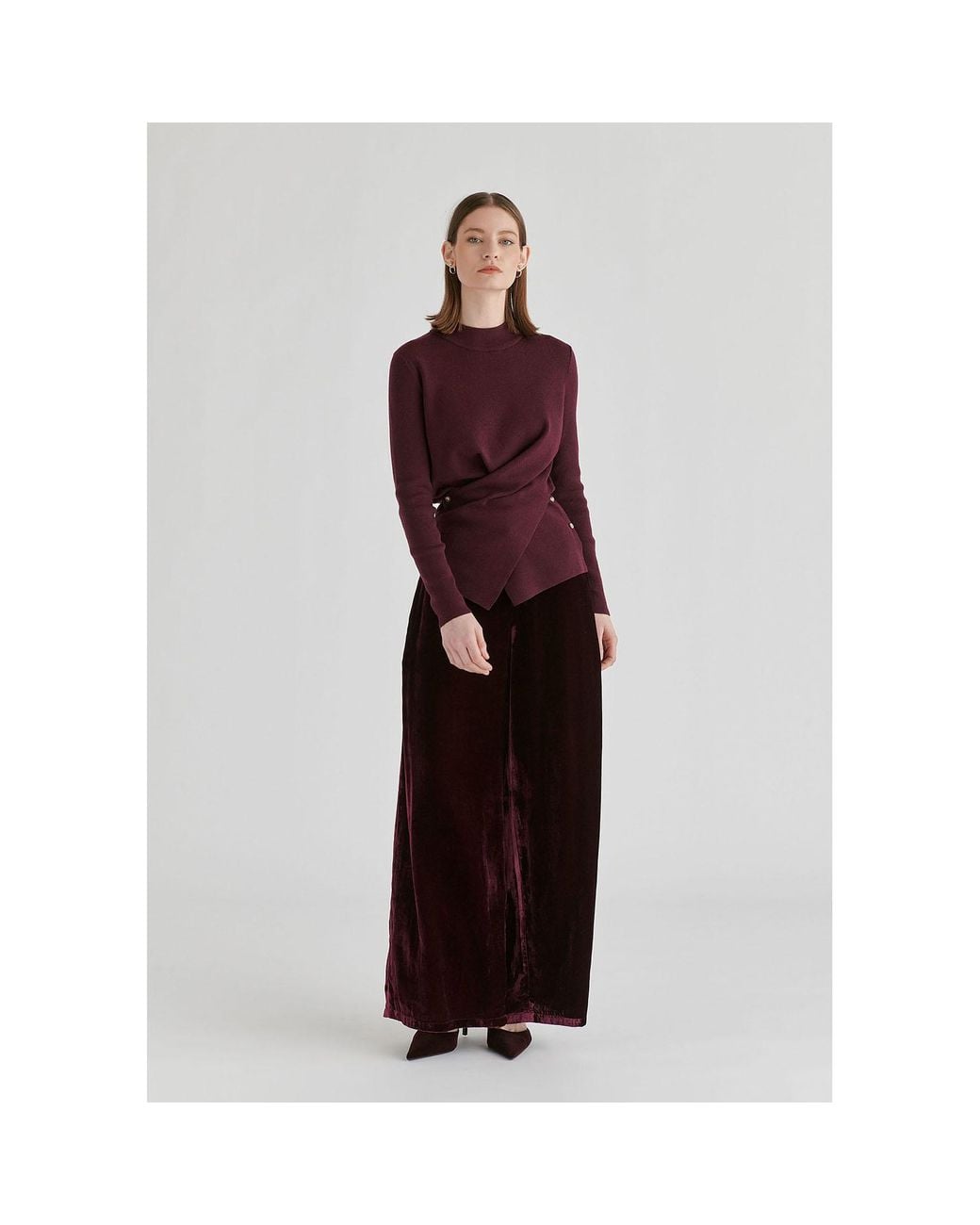 Paisie Purple Wrap Front Knit Top With Mock Neck And Button Detail