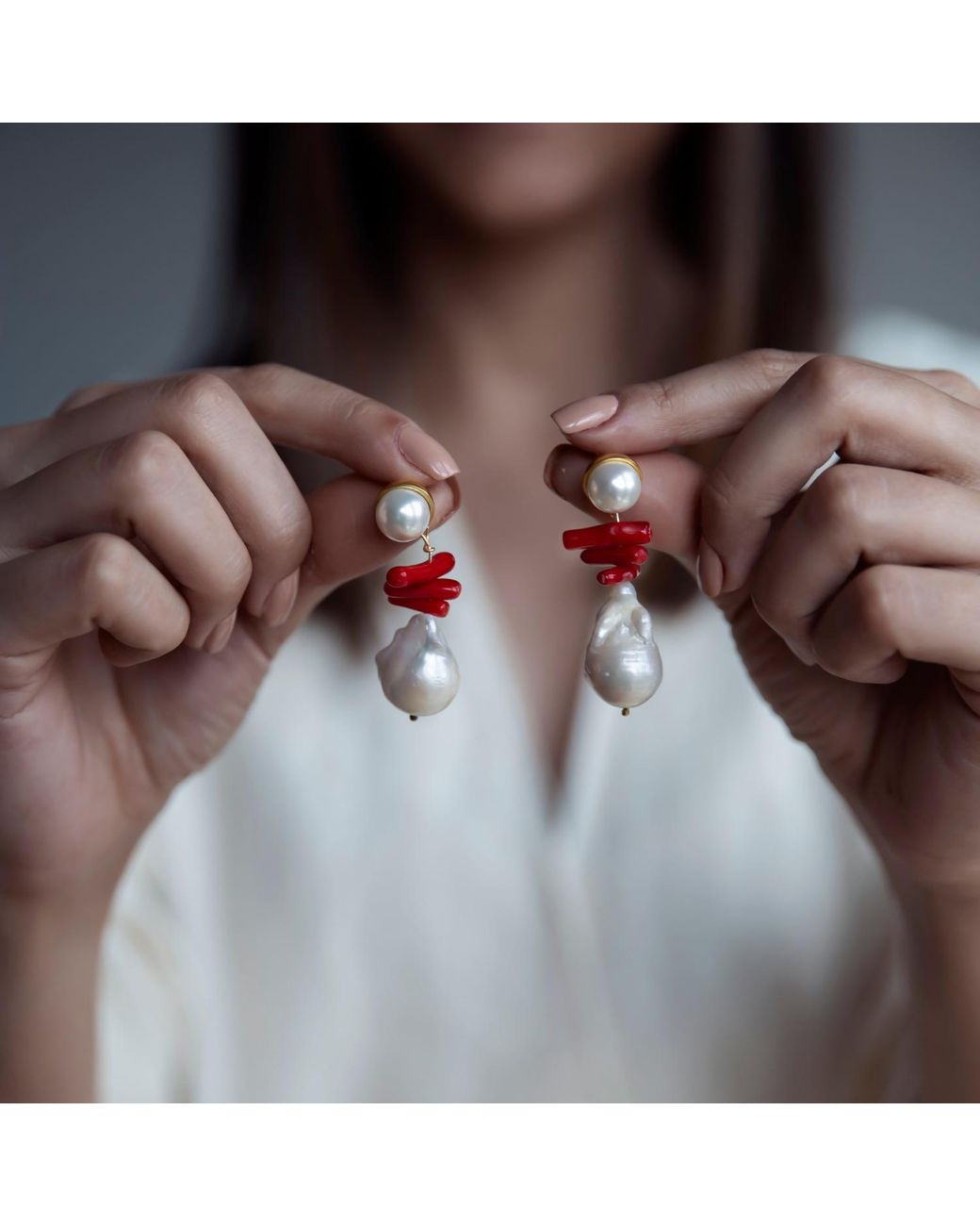 LINYA JEWELLERY Red Coral Baroque Pearl Earrings