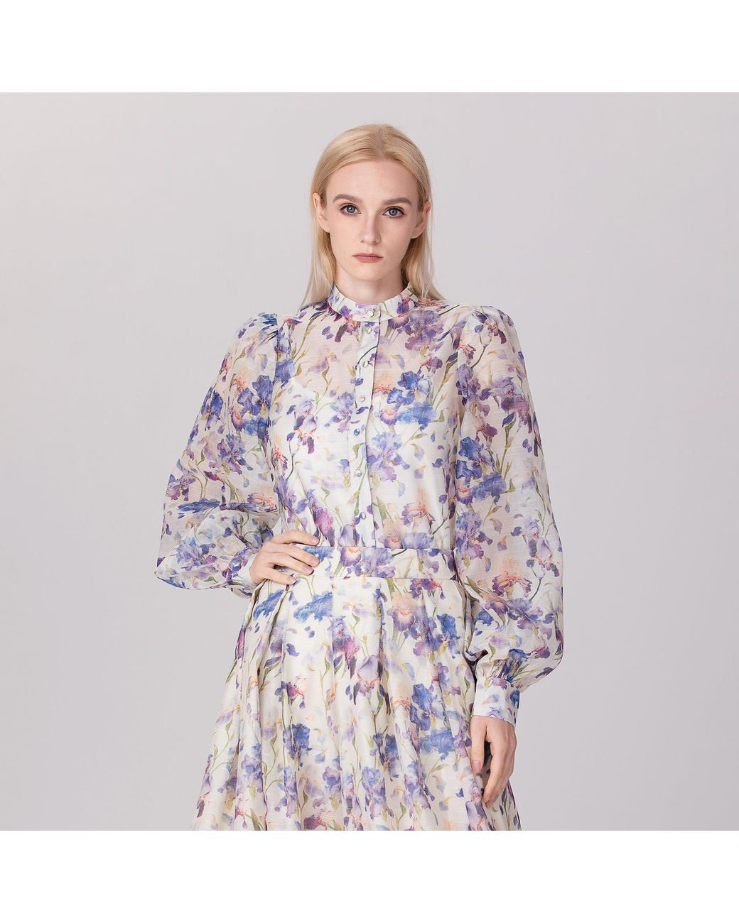 Smart and Joy Multicolor Neutrals Flower Print Long Sleeve Organza Shirt