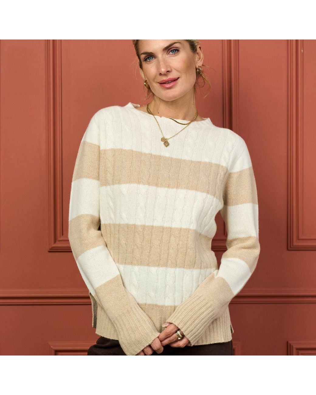 Luella Fashion Natural Neutrals Portree Cashmere Blend Cable Knit Jumper Camel & Ivory