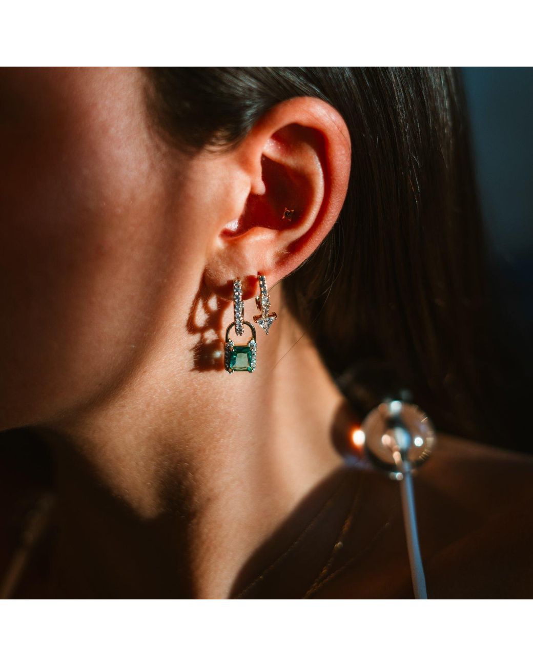 Ebru Jewelry Blue Emerald Cut Mint Zirconia Huggies Drop Earrings
