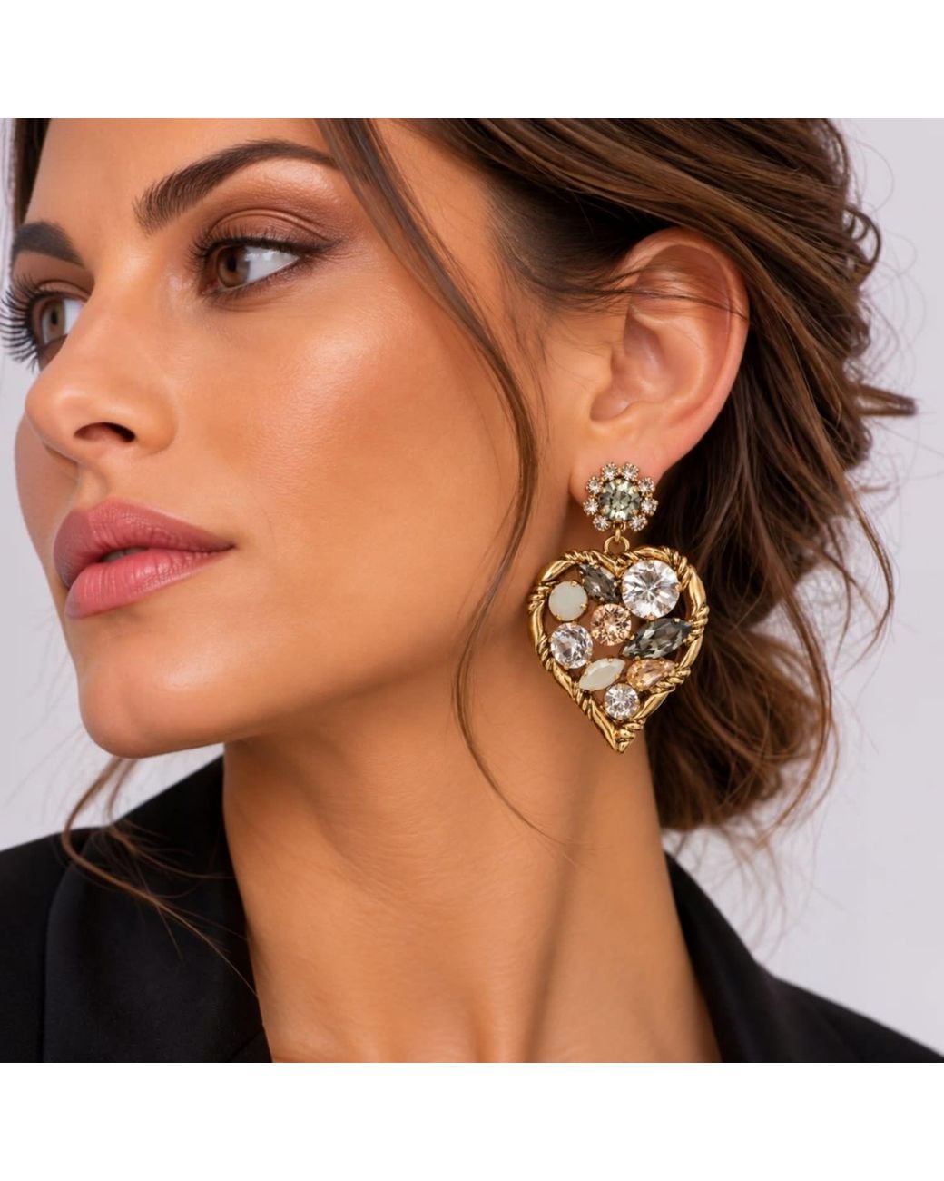 Vstyle Metallic Crystal Heart Statement Earrings