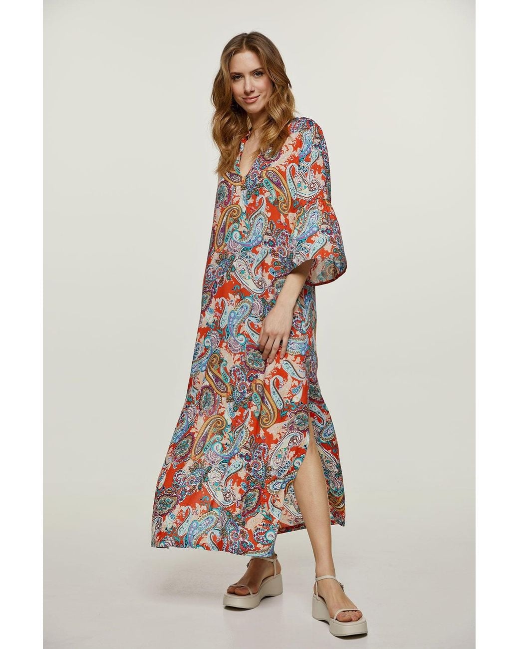 Conquista Red Paisley Kaftan Style Dress