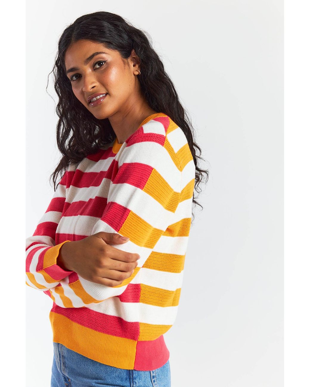 Brodie Cashmere Red Mesh Stripe Crew