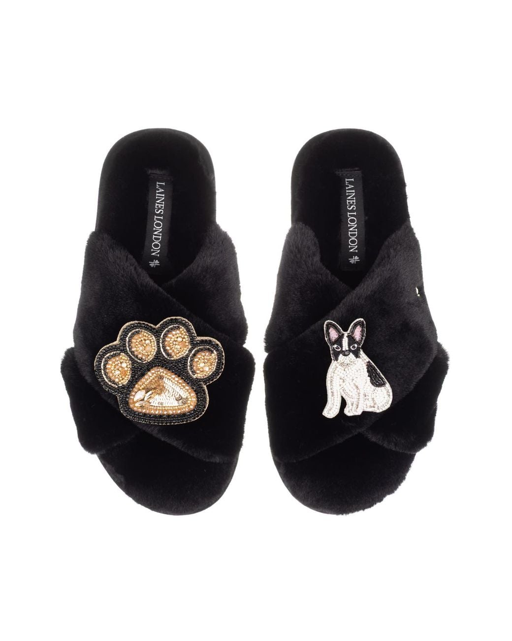 Laines London Black Classic Laines Slippers With Paw & & Sitting French Bulldog Brooches