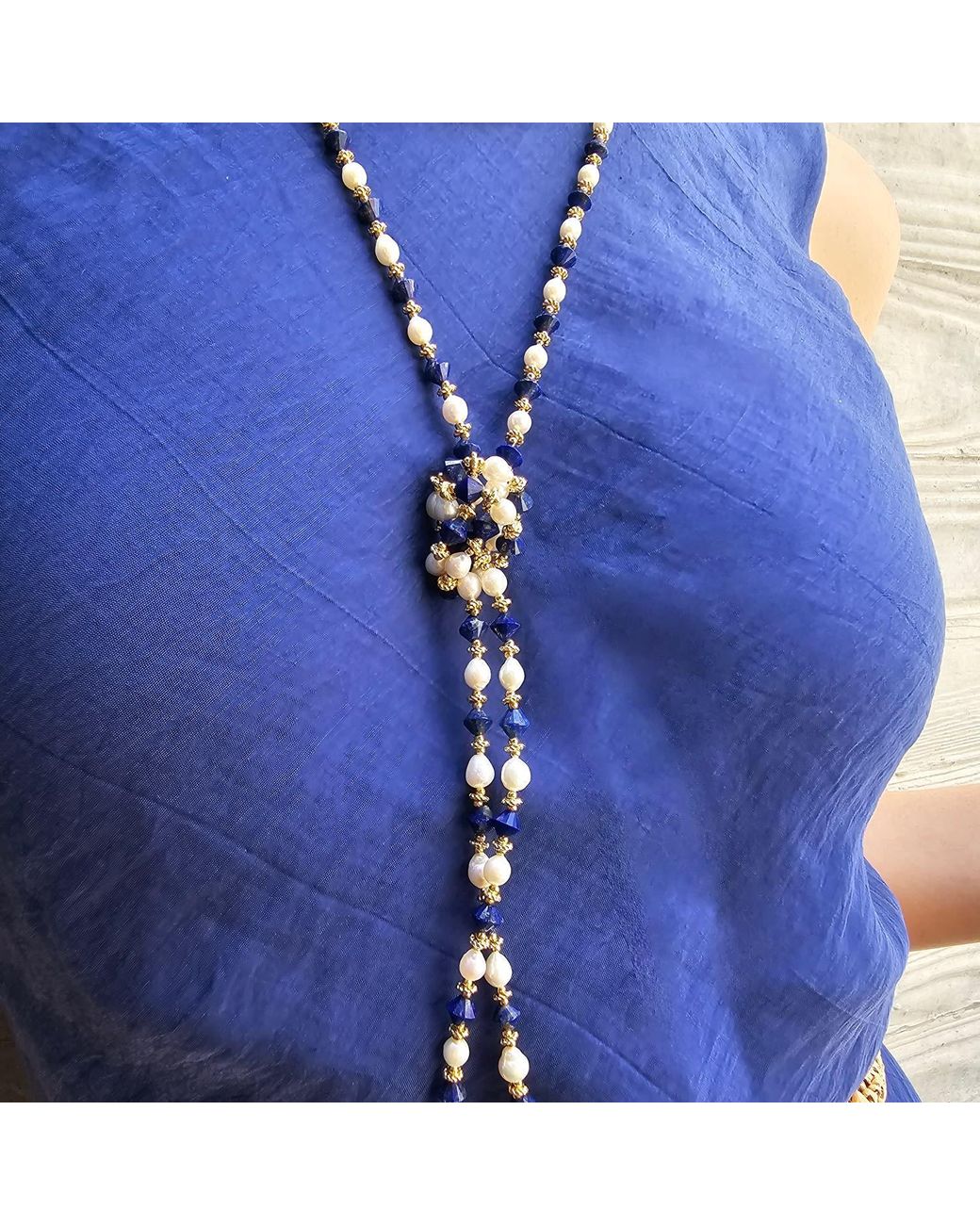 Farra Metallic Pearls And Lapis Versatile Long Necklace
