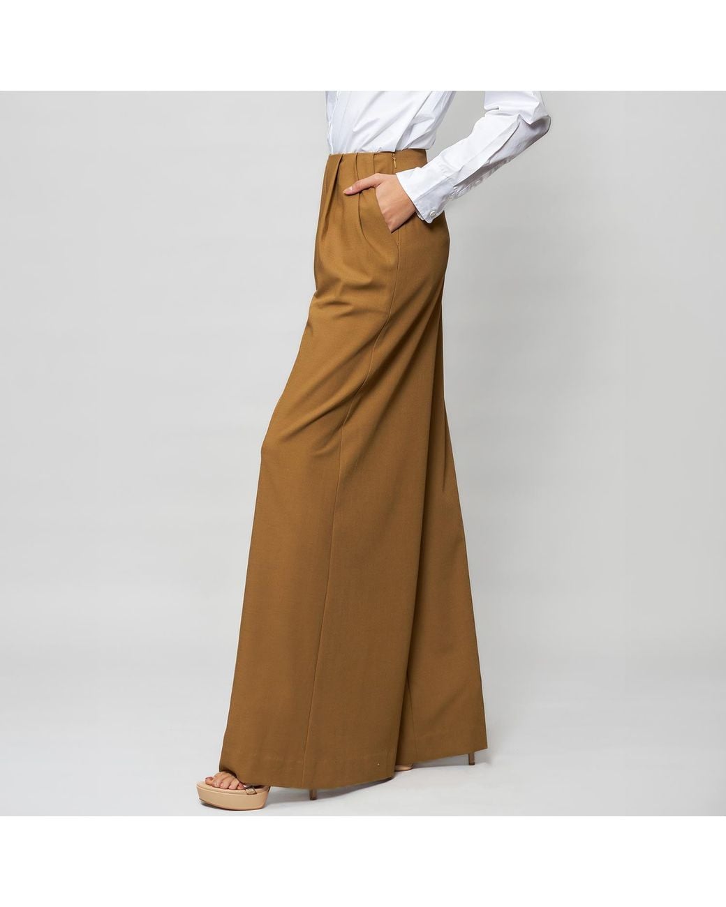 Solgo Atelier Natural Stelis Full Length Extra Wide Leg Pant With Fan-Out Stylized Front Pleats