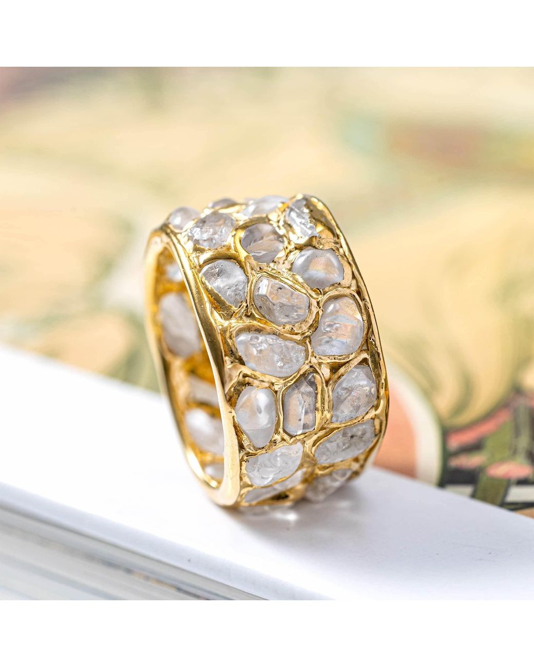 German Kabirski Metallic Thia Handcrafted Plated Barrel Ring With Raw Natural Zircon Mosaic