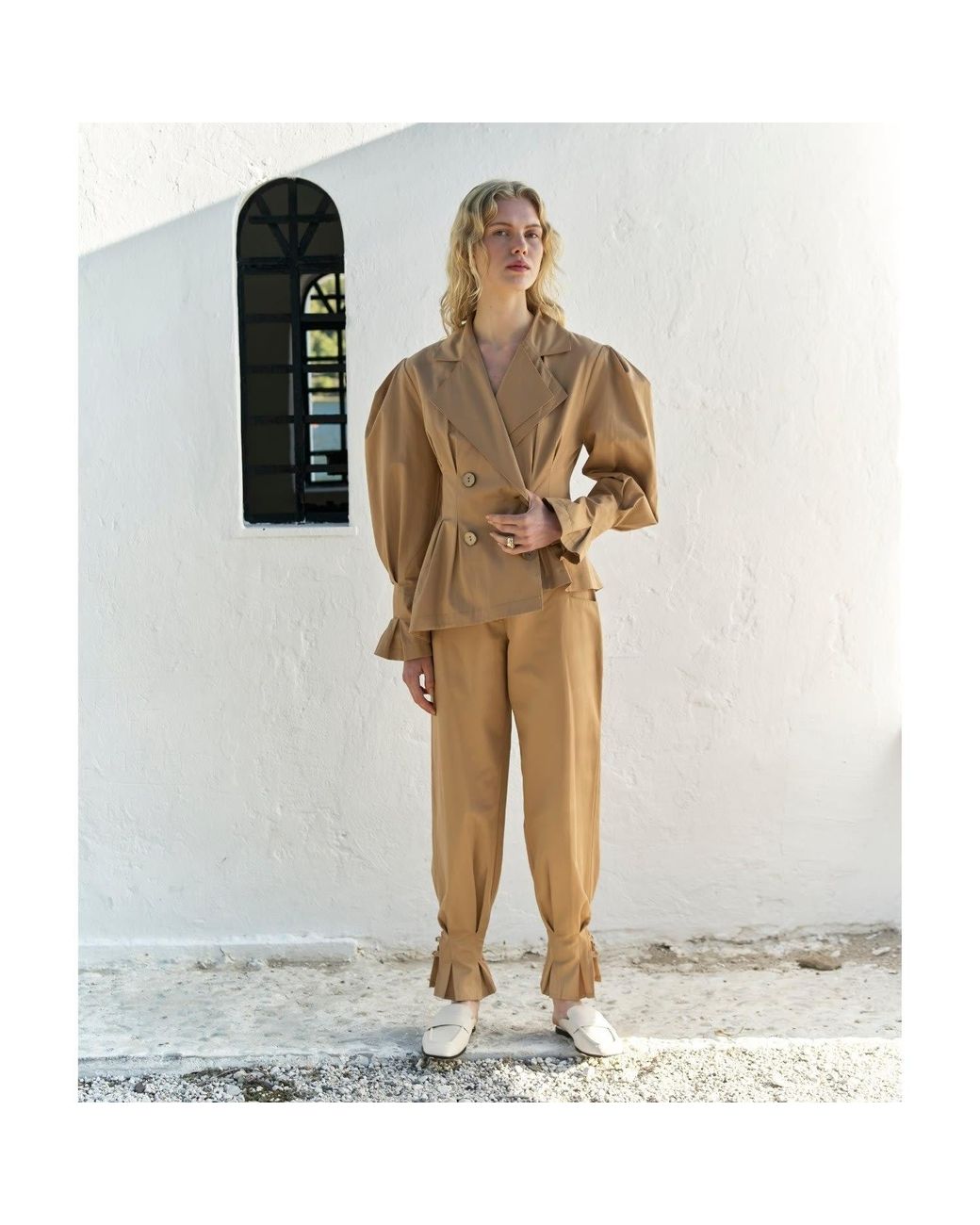 NAZLI CEREN Natural Raff Cotton Puff Sleeved Jacket