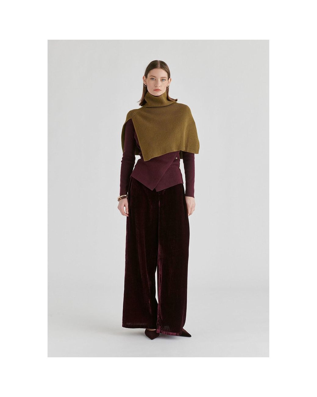 Paisie Purple Wrap Front Knit Top With Mock Neck And Button Detail