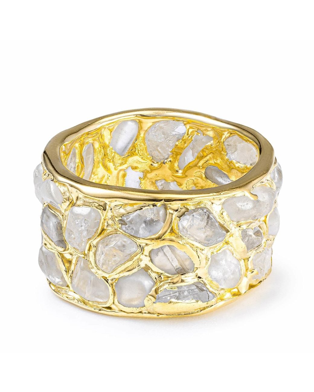 German Kabirski Metallic Thia Handcrafted Plated Barrel Ring With Raw Natural Zircon Mosaic