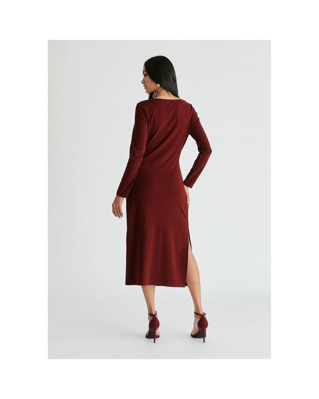 Paisie Red Ruched Jersey Dress With Draped Neck