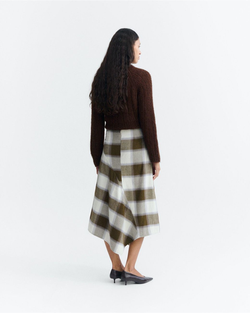 Thinking Mu Natural Indira Checkered Midi Skirt