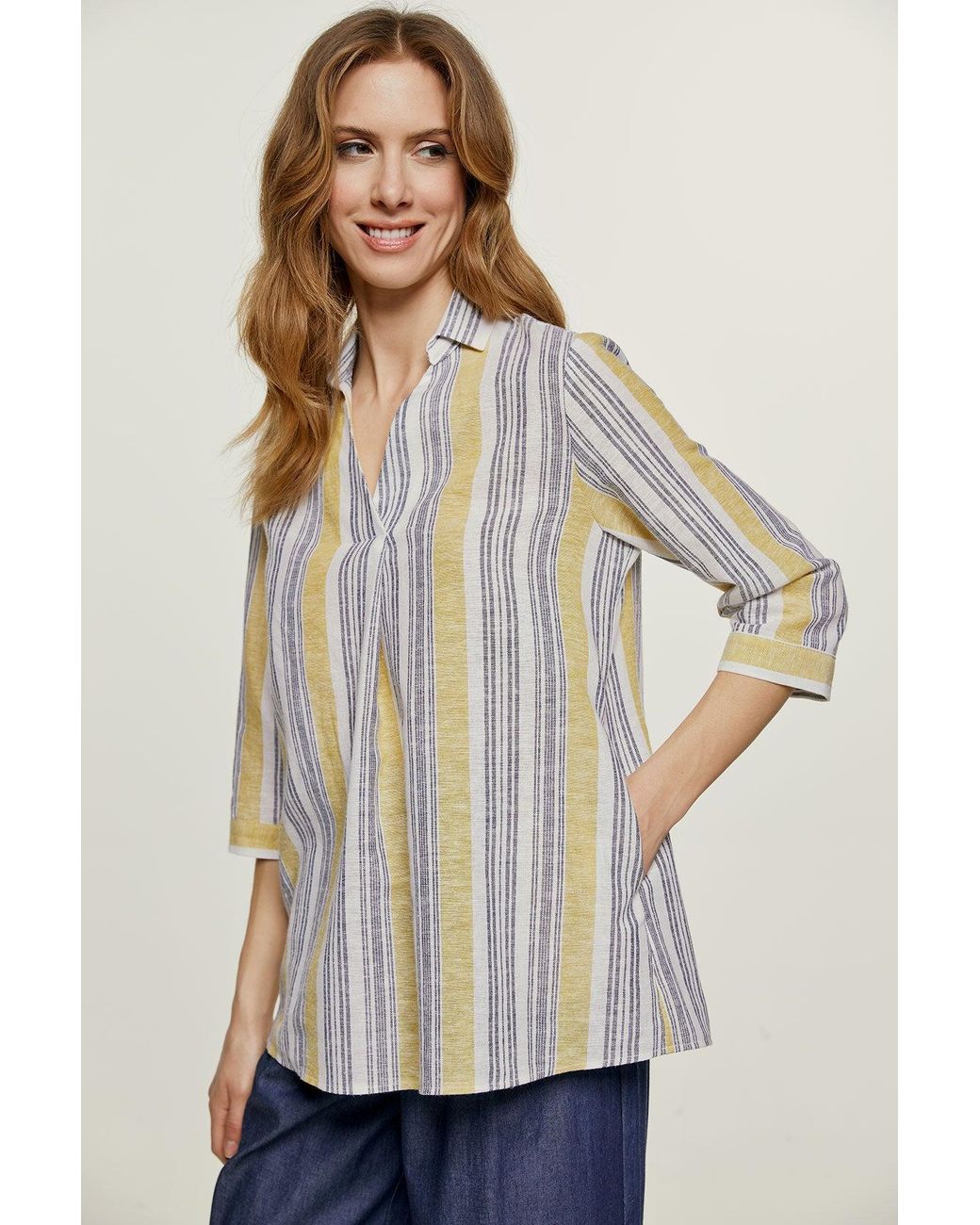 Conquista Blue Striped Linen Style Top With Pockets